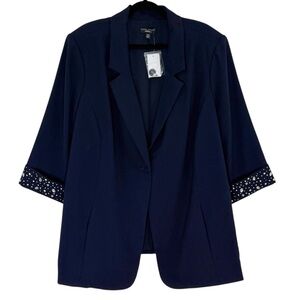 Susan Graver Artisan Navy Embellished Cuff 3/4 Sleeve Blazer Jacket Size 28W NEW